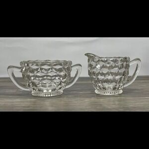 Fostoria American Creamer and Sugar Set Clear Cube Pressed Glass Vintage